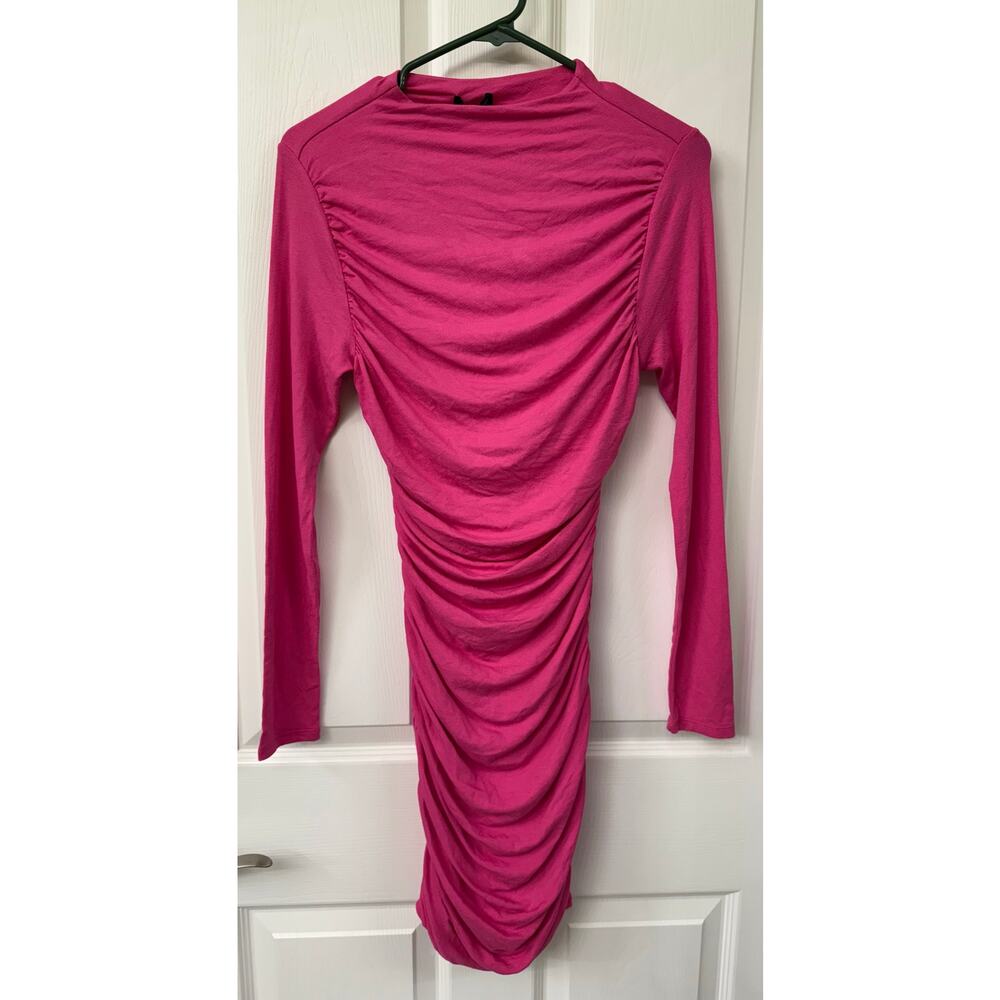 Naked Wardrobe Ruched Long Sleeve Cutout Minidress In Raspberry hot pink fuchsia - Picture 2 of 6